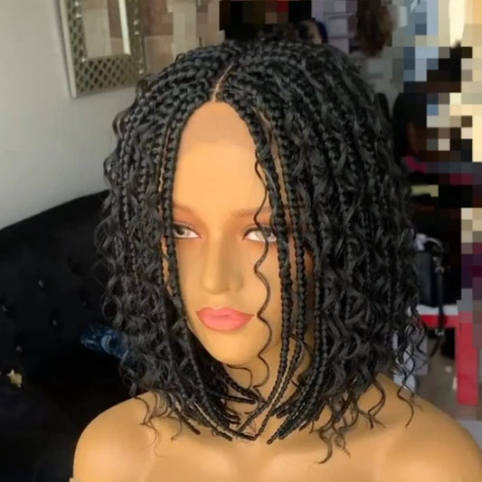 Knotless Braided Wigs for Black Women Heat Resistant Fiber Soft Synthetic Short Bob Box Braided Wig Half Curly Half Braided Wig African American Braided Wigs(12 inches, New Middle Black)