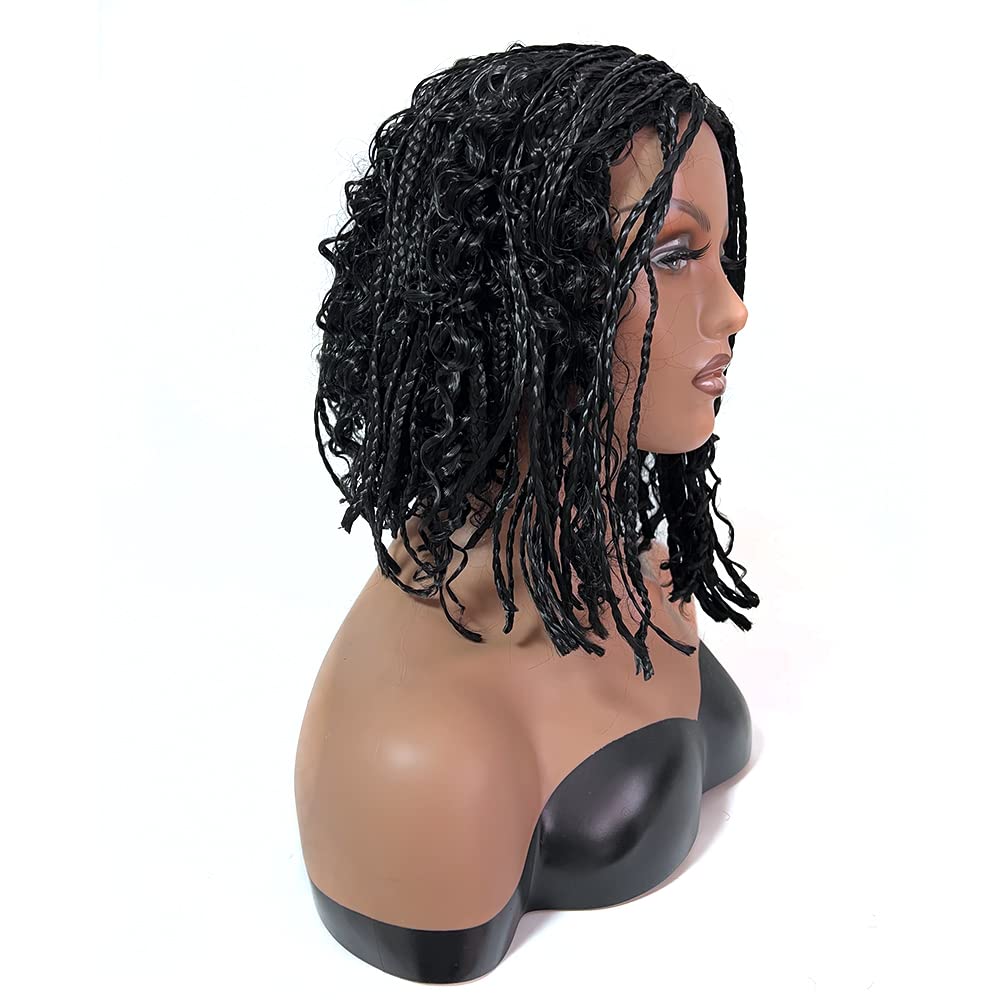 Knotless Braided Wigs for Black Women Heat Resistant Fiber Soft Synthetic Short Bob Box Braided Wig Half Curly Half Braided Wig African American Braided Wigs(12 inches, New Middle Black)