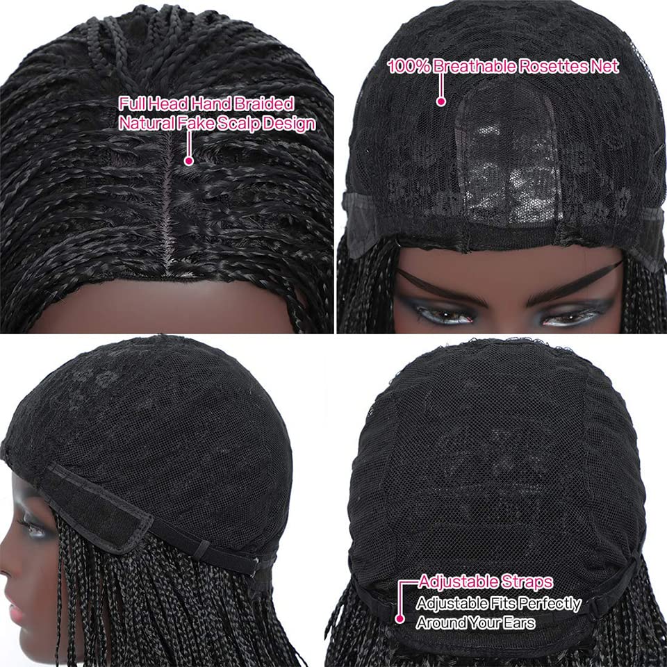 Knotless Braided Wigs for Black Women Heat Resistant Fiber Soft Synthetic Short Bob Box Braided Wig Half Curly Half Braided Wig African American Braided Wigs(12 inches, New Middle Black)