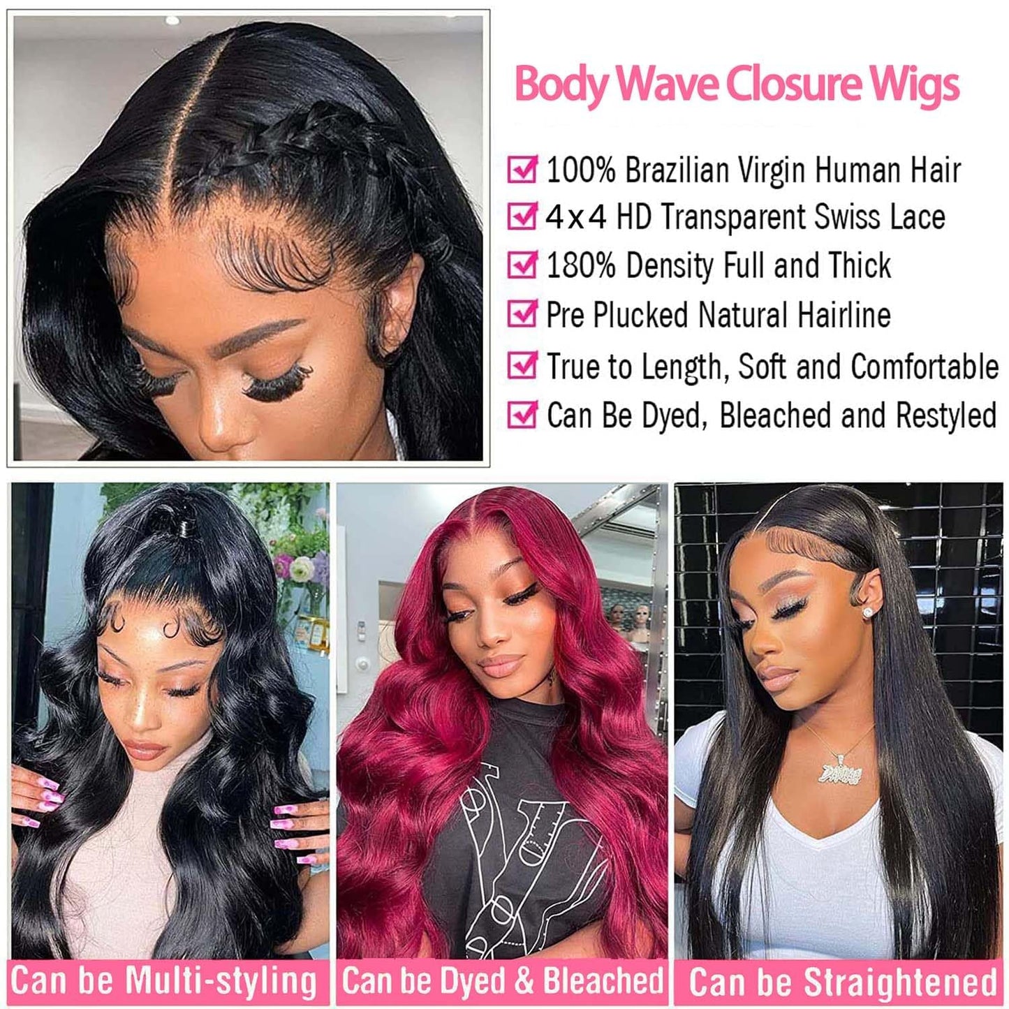 Body Wave Lace Front Wigs Human Hair Pre Plucked 4x4 Lace Closure Wigs Human Hair for Black Women 180% Density Brazilian Glueless Wigs Human Hair 22 Inch